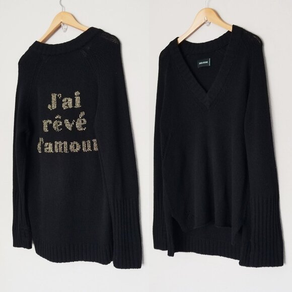 Zadig & Voltaire Valmy Reve D'Amour Vneck Jumper Sweater L 100% Merino Wool $358 - Picture 4 of 16